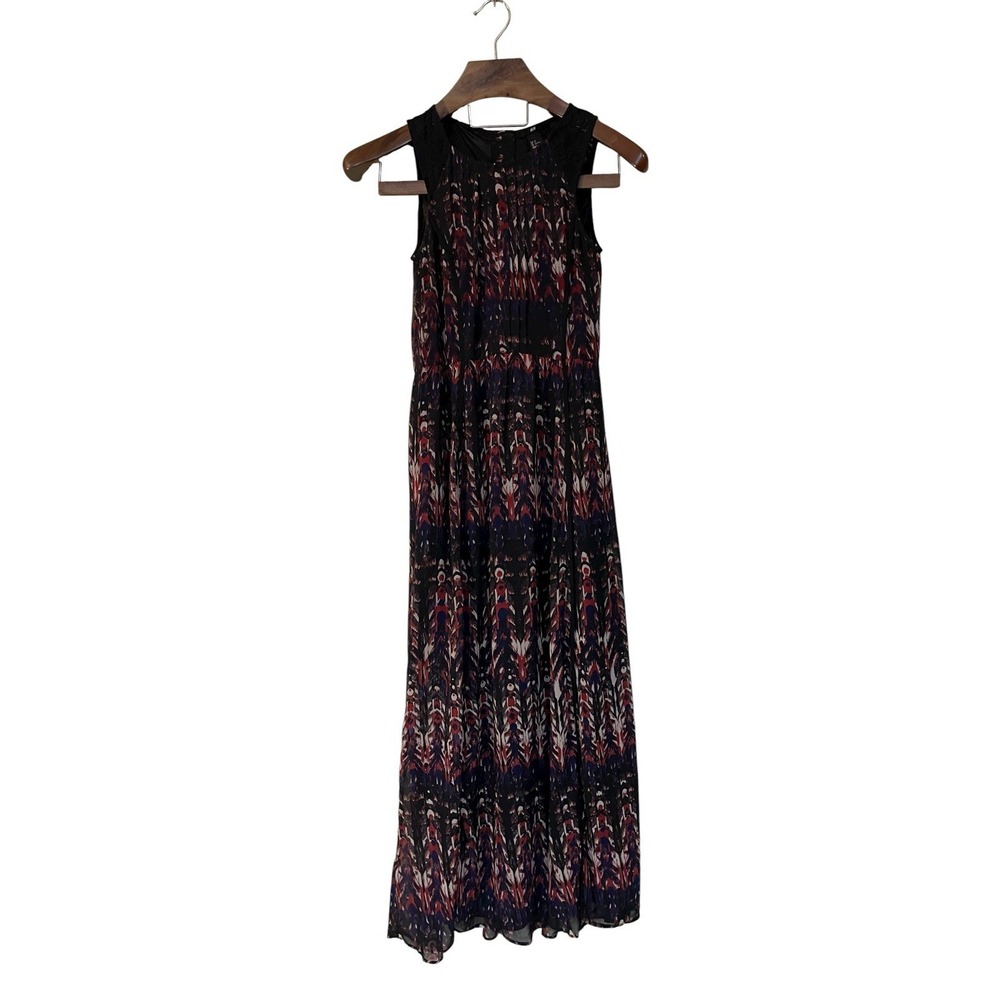 H & M Red Blue Black Lace Ikat Sleeveless Maxi Dress Pleats Slits Boho Artsy 2 - Picture 4 of 11